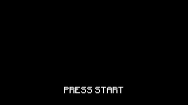 Retro Press Start Text on Black Screen, Retro game start screen, 8-bit animation intro, Classic video game UI, Start prompt display, Old-school game intro, Pixelated start animation, pixel art, video.