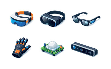 Naklejka premium SensoryTechnologies. Isometric flat vector icons set of SensoryTechnologies: augmented reality headset, virtual reality goggles, smart glasses, haptic glove,
