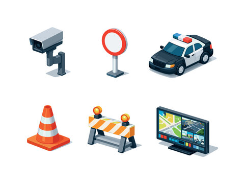 Traffic control. Isometric flat vector icons set of traffic control: traffic camera, speed limit sign, police car, road cone, temporary barrier, control center