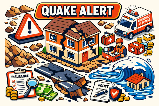 Earthquake Disaster Safety Earthquake Disaster Safety collection of isometric vector icons showing cracked house, broken earth, landslide, warning sign,