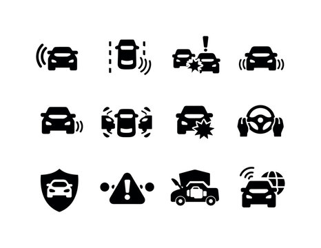 Vehicle Safety Systems. Solid icon set of Vehicle Safety Systems: blind spot monitor, lane departure warning, forward collision alert, adaptive cruise control,
