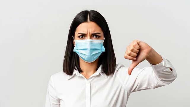 Face Mask Dissatisfaction: A woman wearing a medical face mask expresses her displeasure with a gesture of disapproval, captured against a clean and simple backdrop, symbolizing the challenges.