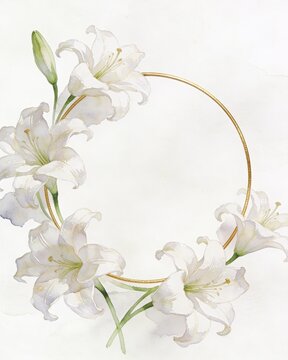 Delicate white lilies curl around a slender golden ring