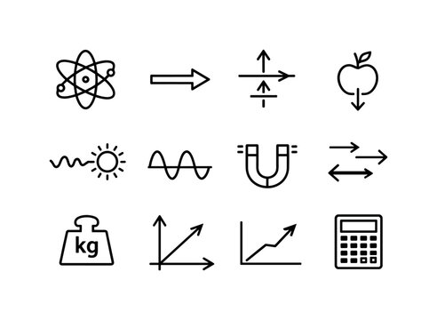Physics Formula. Line icon set of Physics Formula: atom symbol, force equation, speed formula, gravity icon, energy equation, light wave, magnet, motion