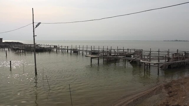 Traditional wooden fish traps in coastal lagoon channel showing historic fishing method. Ancient timber structures guide through shallow waters of calm lake wetlands beside stakes.