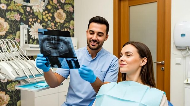 Dental Consultation: A dentist and patient collaborate in a modern dental office, examining an X-ray to gain insights for optimal oral health.