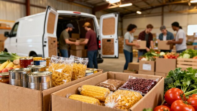Close-up of aid boxes with food staples in warehouse, volunteers preparing and loading supplies for distribution, humanitarian relief, community support, donation logistics and charity service concept