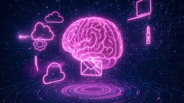 Digital Intelligence: A luminous brain is at the heart of an intricate digital network. Envision the center of innovation and progress.