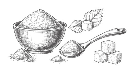 Hand drawn of sugar cubes bowl spoon and mint leaves © Asha