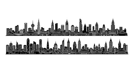 Obraz premium black and white city skyline silhouette modern skyscrapers and buildings urban panorama