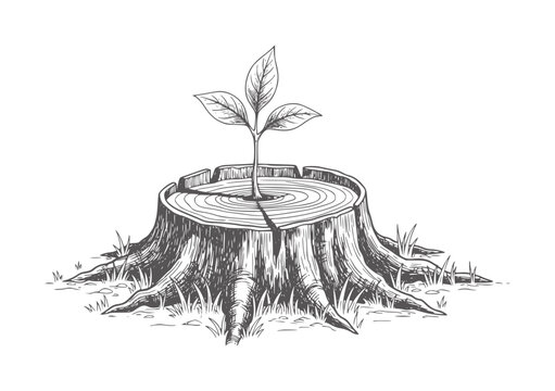 New growth sprouting from a cracked tree stump in a style