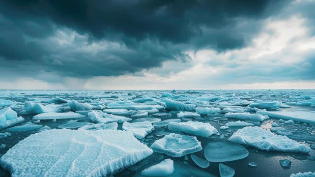 Chilly Arctic Landscape: The arctic terrain unveils a scene of immense coldness and isolation, ice floes float serenely on the water under the stormy sky.