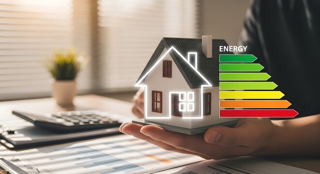 Home Energy Efficiency Concept: Hand Holding House Model with Energy Rating Performance Certificate Graphic on Office Desk Background