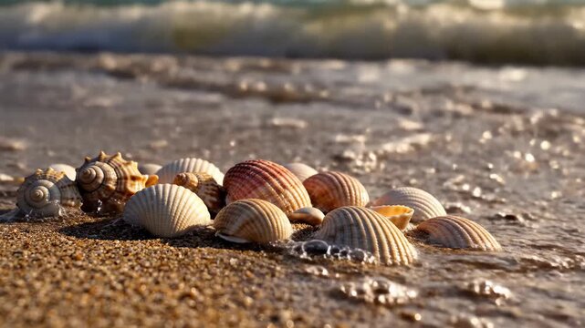 Seashells scattered on a wet sandy beach with a gentle ocean wave washing ashore under warm light. Summer vacation aesthetic video.