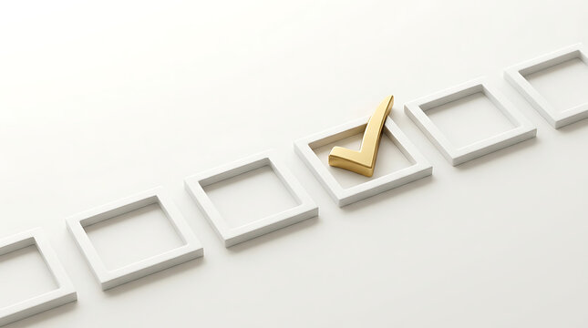 Row of white square checkboxes on bright background with one single 3D gold check mark symbol indicating successful choice premium selection task completion and quality excellence