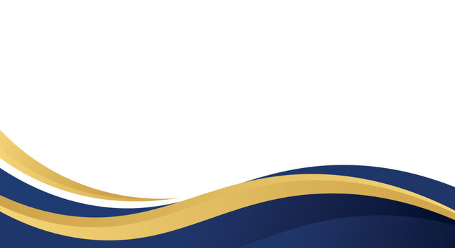 An elegant blue and gold abstract wave pattern flows across the bottom of a clean white background with ample copy space for text.
