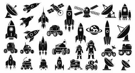 Collection of Space Exploration Elements - Rockets, Satellites, and Astronauts. © Wita
