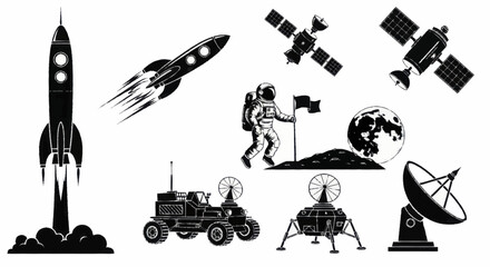Collection of space exploration elements including rockets, satellites, and an astronaut on the moon. © Wita