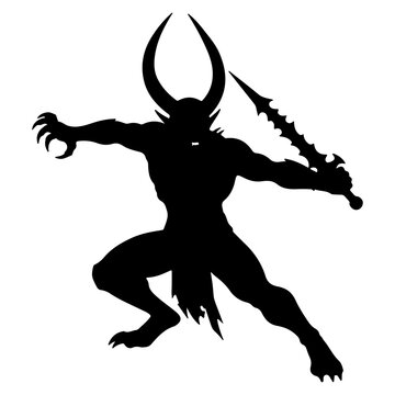 Silhouette of a Demon Warrior with Horns and Sword.