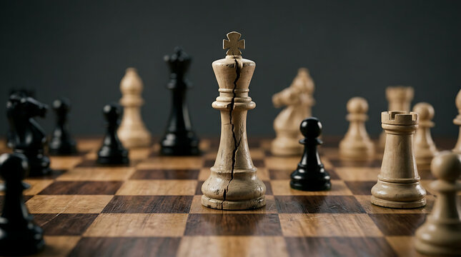 Cracked white king chess piece standing on wooden chessboard among black and white pieces representing leadership crisis broken power strategic failure and business struggle