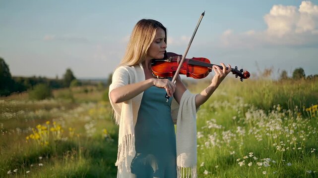 Young Woman Playing Violin in a Beautiful Flower Meadow at Sunset