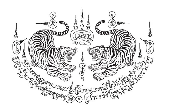 Thai traditional tattoo, two tigers (Sueu Khu). ancient incantations to provide strength and ward off evil spirits.