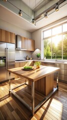 Fototapeta premium A photo of a wooden tabletop in a modern kitchen, featuring sleek stainless steel appliances and neutral colors, with sunlight filtering through the w