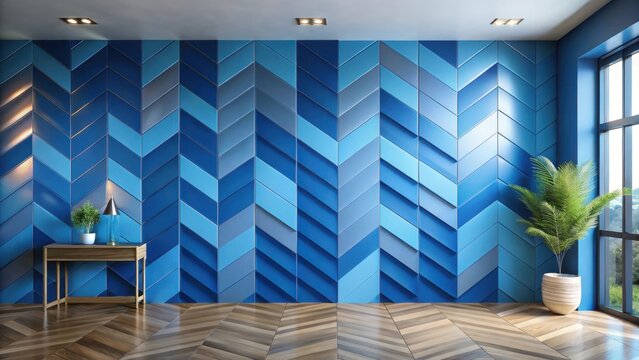 A photo of a sleek, geometric wall adorned with an abstract blue chevron pattern, featuring sharp angles and a modern aesthetic The design fills the
