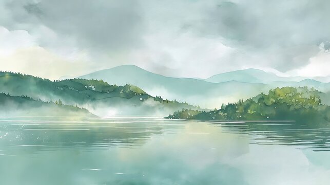 Serene Misty Lake With Rolling Green Hills And Soft Clouds water photo