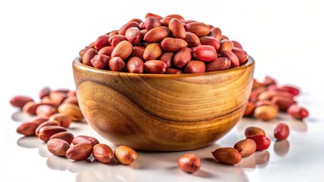 A photo of red peanuts in a wooden bowl isolated on white background