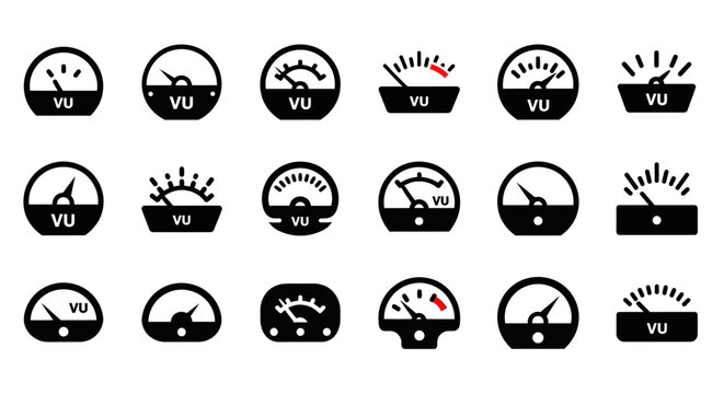 VU meter icons, audio level indicators, sound wave graphics, 20 black and white vector symbols