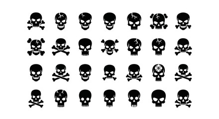 Obraz premium Black skulls, skull icons, crossbones, pirate symbols, 28 black vector icons, death symbols, warning signs