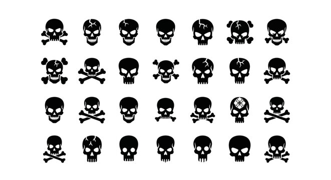 Black skulls, skull icons, crossbones, pirate symbols, 28 black vector icons, death symbols, warning signs