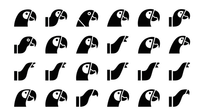 Black parrot head icons, parrot face silhouettes, bird avian symbols, vector graphics set
