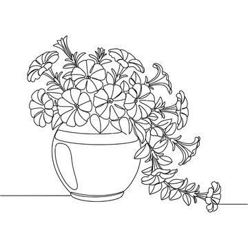 delicate continuous line drawing of petunias in a pot a charming floral arrangement