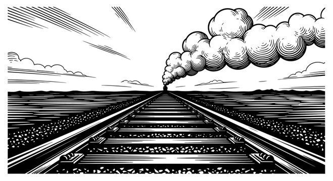 Steam train traveling on railway tracks towards the horizon.