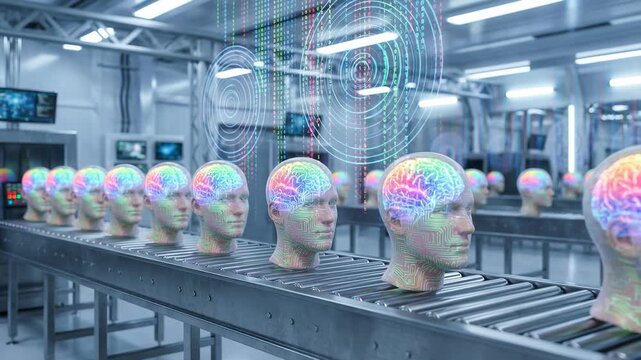 Advanced artificial intelligence cyborgs moving along a futuristic factory conveyor belt while receiving data. Representing the mass production of robotic humanoids and the concept of ai development