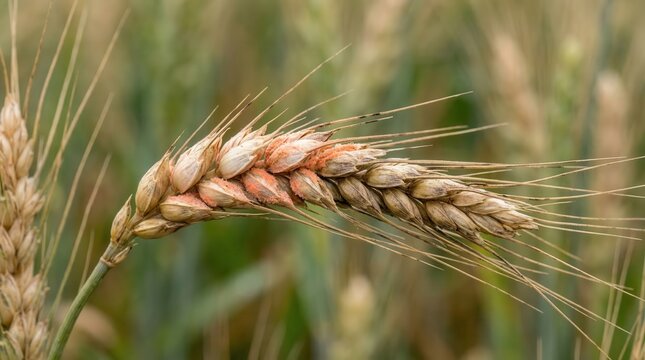 Fusarium Infected Wheat Ear Close Up. Close-up of wheat ear infected with fusarium disease showing discolored grains and fungal damage in an agricultural field setting.