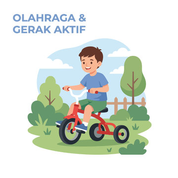 Happy young boy riding a red tricycle illustration.