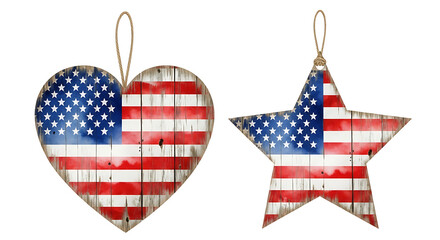 Obraz premium Rustic wooden heart and star shaped american flag hanging ornaments