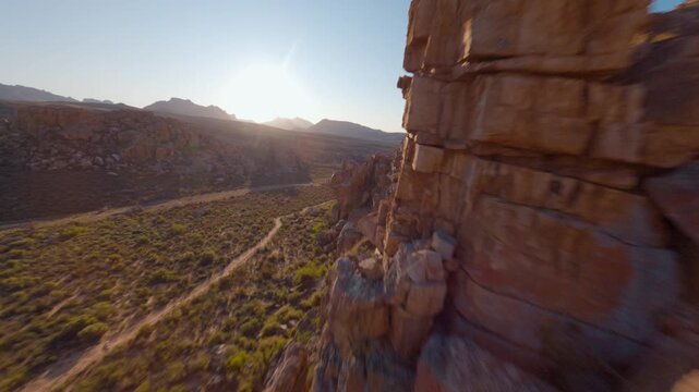 FPV Drone Cinematic Flight Over Red Sandstone Rock Formations in Cederberg Wilderness Area, Western Cape, South Africa