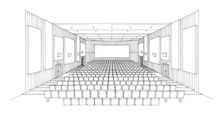 Interior sketch of a modern cinema hall with rows of seats facing a large screen. © Dika