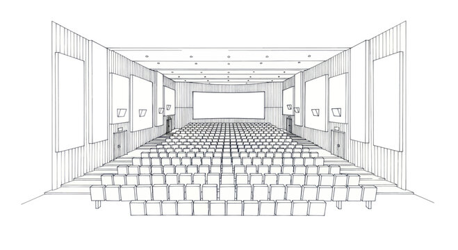 Interior sketch of a modern cinema hall with rows of seats facing a large screen.