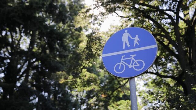 Blue circular mandatory road sign showing separate symbols for pedestrians (adult and child) and bicycles, designating a shared path
