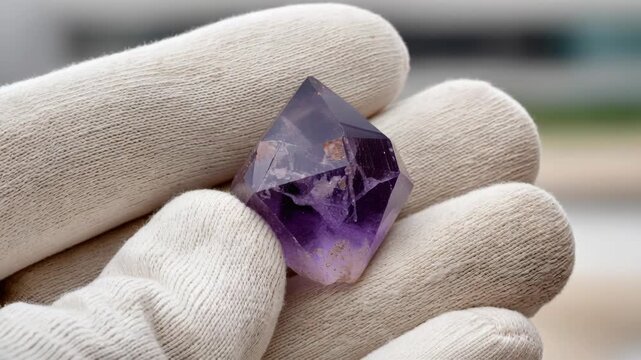 Hand in white glove holding a natural purple amethyst crystal point under soft lighting.