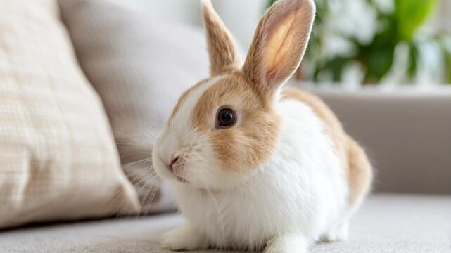 A fluffy white and tan rabbit enjoys eating a fresh green lettuce leaf on a comfortable sofa.