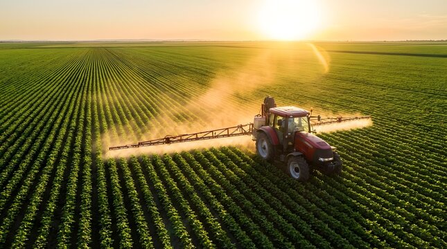 Aerial view of a red agricultural tractor spraying chemicals on vast green crop rows at sunset. The tractor uses a long boom sprayer to apply fertilizer or pesticides to young plants.
