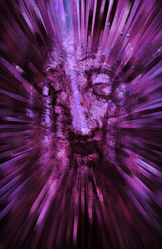 A dark sad face of a man is seen with a blur of extruded magenta color coming toward the camera in a 3-d illustration about depression and a troubles in life.