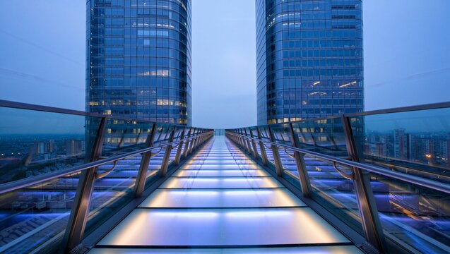 Futuristic Glass Walkway Between Modern Skyscrapers at Dusk.