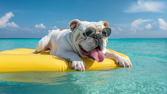 A cool white bulldog wearing round sunglasses relaxes on a yellow float in turquoise ocean water.